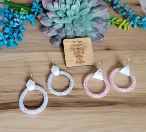 Pink and white dangle hoops