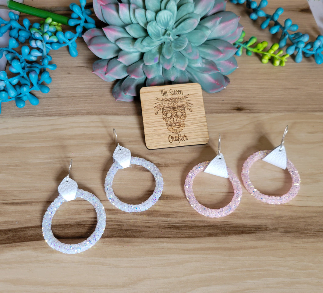 Pink and white dangle hoops