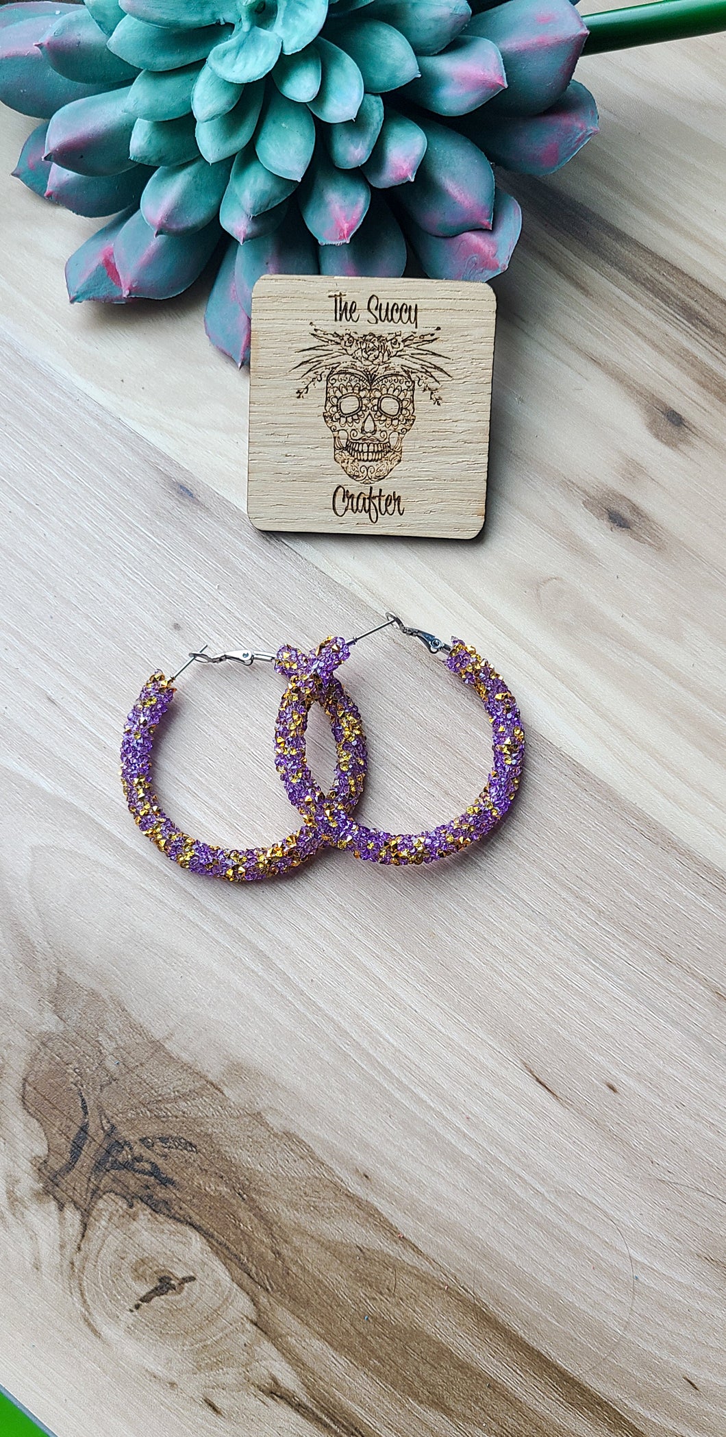 Dark purple and gold rhinestone hoops