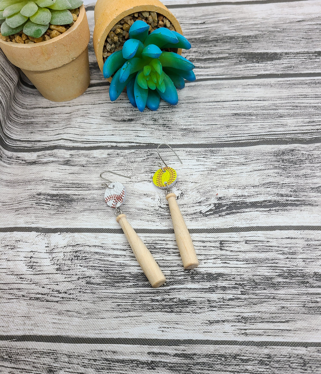 Baseball and softball earrings with wooden bat