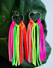 Load image into Gallery viewer, Neon rainbow fringe on heart hoops