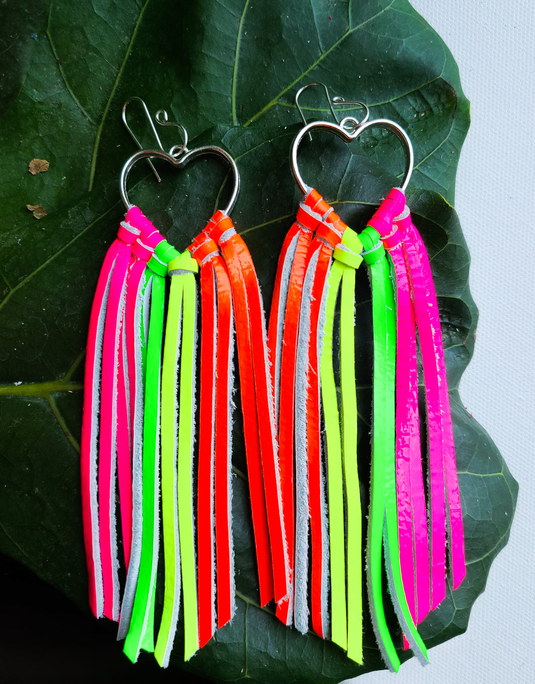 Neon rainbow fringe on heart hoops