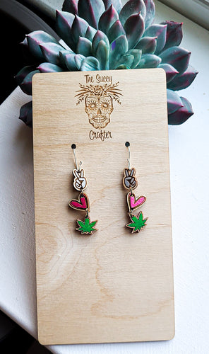 Peace love and canabis wood earrings