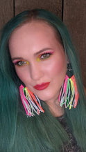 Load image into Gallery viewer, Neon rainbow fringe on heart hoops